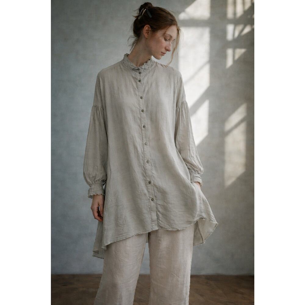 G.A.S.A Japanese Silk Tunic Shirt Sage Gray Ruffle Collar Minimalist Lagenlook